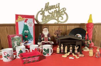 Vintage Christmas-Shibata Mugs, Manger W Red Clay? Figures, Blow Mold Candle, Mark McGwire Ornament & More