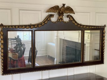 Antique American Federal Gilt Carved Overmantle Triple Mirror With Gold Eagl