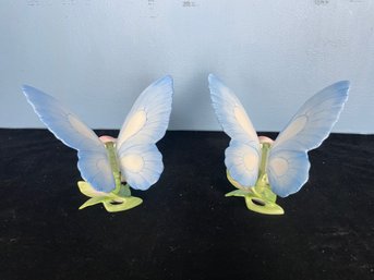 Pair Of Herend Porcelain Large Blue Butterfly On Pink Flowers