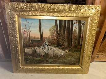 Early Vintage/ Antique Folk Art Pastoral Painting- Maiden With Flock Of Sheep On Wooded Farmstead