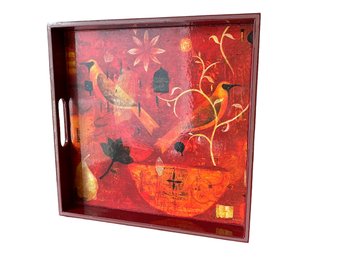 Israeli Lacquered Zocolo Tray With Birds & Flowers