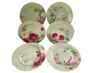 Set Of 6 Antique Haviland France Rose Patterned Dinner Plates With Gold Trim