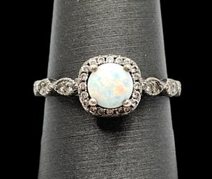 Vintage Sterling Silver Opal With Clear Stones And Marcasite Ring, Size 7.75