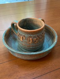 Jewish Ceremonial Hand Washing Cup And Bowl With Engraved Prayer Handmade Pottery