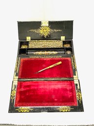 Antique Travel Correspondence Box - Writing Slope W/ Calligraphy Pen