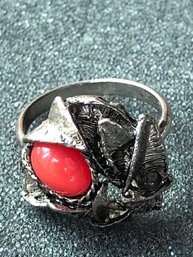 Vintage Estate Ring - Southwestern Style Silver Tone With Red Coral Stone - Size 8