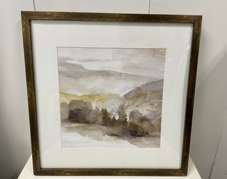 Framed & Matted Neutral Watercolor Landscape In Brown, Taupe & Yellow Hues