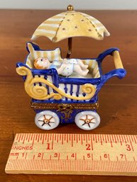 Hand Painted Porcelain Baby And Carriage Trinket Box S&D Limoges France No Chips