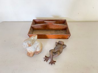 Cast Iron Frog, Rabbit, And Wood Silverware Caddy