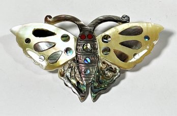 Fine Abalone Mother Of Pearl Inlay Butterfly Moth Brooch