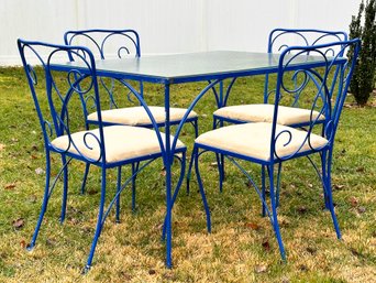 A Vintage 1950's Wrought Iron Dining Table And Set Of 4 Chairs With Glass Top - Restored