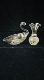 Vintage Silver On Glass Swan Dish And Bud Vase