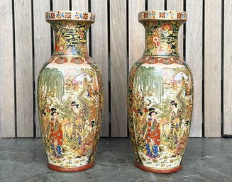 A Pair Of Large, Elaborately Painted Chinese Vases