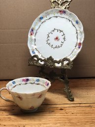 Dainty Painted Teacup And Saucer W/gold Gilt