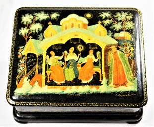 Fine Signed Russian Lacquer Table Box Haivng Figures, Signed