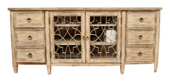 Sanctuary Hooker Buffet In A Distressed Ecru Wood Driftwood Finish With Glass Trellis Grille & Drawers