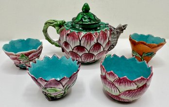 Vintage Chinese Lotus Teapot With Lizard Spout & 4 Small Lotus Cups