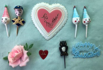 Vintage 1950s - 1960s Holiday / Birthday / Valentines Day  Halloween Cake Topper Lot Of 9 Toppers