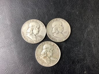 3 Franklin Half Dollars Dated 1951 D, 1952 D, 1958 D (90 Percent Silver)
