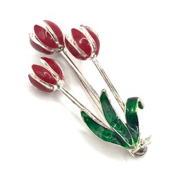 Vintage Sterling Silver Painted Rose Brooch