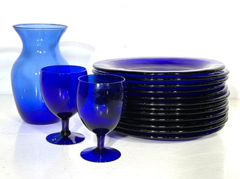 Cobalt Dinner Ware, Vase And Trio Of Goblets By Henri Bendel