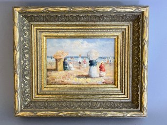 Antique French Oil On Board Painting Of Beach Scene Signed