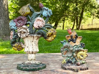 A Pair Of Antique Cast Iron Doorstops - Floral Bouquet