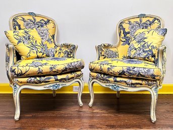 A Pair Of Fabulous Hand Paiunted Country French Bergere Chairs