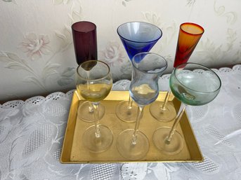 Set Of Six MCM Colorful Art Glass Cordial Glasses On Gold Tray