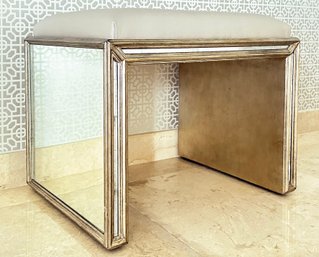 A Glam Modern Mirror Clad Vanity Seat In Ecru Leather