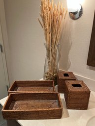 5pc Bath Accessories - Vase With Reeds, Wicker Paper Towel Baskets And Tissue Holders -Restaurant, Gym, Office