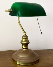 A Vintage Brass And Glass Banker's Lamp