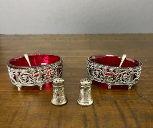 Antique UK Sterling Silver Tabletop Pieces, Incl. Glass & Silver Salts W/Spoons & Mini Salt & Pepper