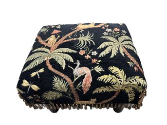 Petite Footstool With Whimsical Tropical Themed Embroidery