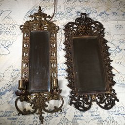 Two Fabulous Antique Bronze Sconces - One Is BRADLEY & HUBBARD - Glass Good - One Is Lacking Candle Holder