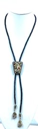 Vintage Leather Rope Bolo Tie W/ Silver Tie Fastener W/ Natural Mosaic Design