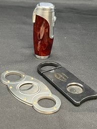Vector Coup Single Flame Butane Lighter And Two Cigar Cutters