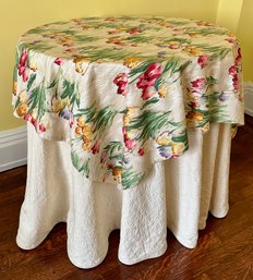 Solid Plywood Round Side Table With 2 Tablecloths (Top Tablecloth Matches Drapes)