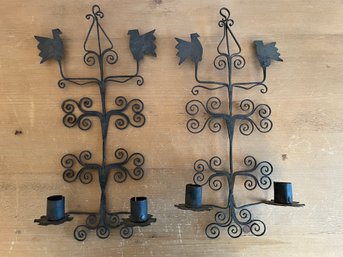 Pair Of 1940s Hand-Wrought Iron Double Candle Sconces European