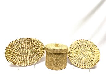 Trio Of Vintage Woven Kitchen/household Items