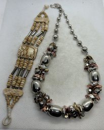 Pair Of Vintage Estate Jewelry Statement Pieces- Camel Bone Elephant Bracelet And Choker