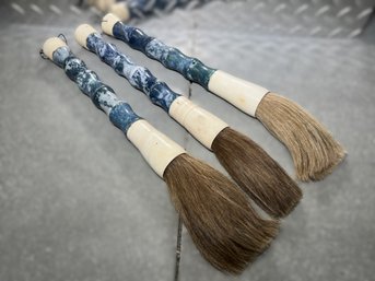 Trio Of Chinese Blue Marble Handled Calligraphy Brushes
