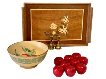 Vintage Wooden Tray With Floral Inlay Design Is The Centerpiece Of This Tabletop Decor Lot