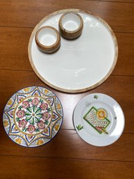 Behome Madras Mango Wood Platter And Dipping Bowls Mac'B France Hand Painted Plate, 6 La Frasca D'Olivo Plates