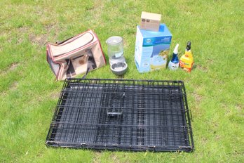 Mixed Pet Lot With Medium Size Midwest Dog & Cat Gage, Water Feeders, Pet Carrier And More