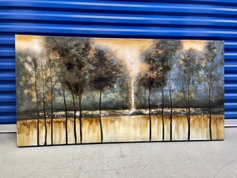 Large Stretched Canvas Depicting Trees Against A Golden Lake & Sky