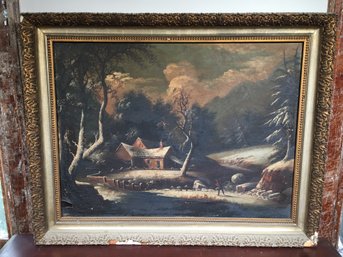 Large Unsigned Antique Oil On Canvas Of Cabin / Man With Rifle / Mountains - Frame And Art - All As - Is