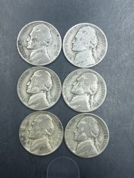 6 Silver War Nickels 1942-D, 1942-S, 1943-S, 1943-P (3)