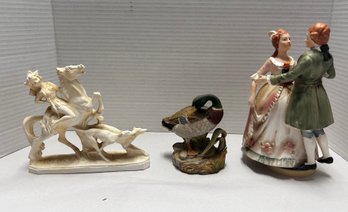 3 Beautiful Figurines- Woman Rushing On Horse With Two Dogs Duck Having A Peaceful Rest Lovers Dancing Suz/C5