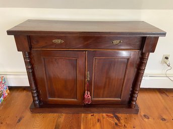 Antique Victorian Mahogany Veneer Sideboard Wood Cabinet With Key Turned Columns Single Drawer